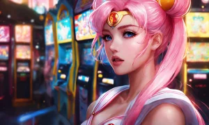 sailor moon with pink hair at the arcade